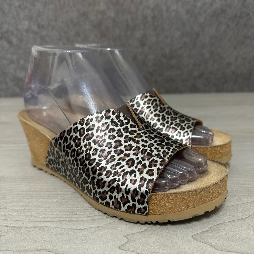 Mephisto Lisane Wedge‎ Sandals Womens 37 US 7 Brown Leopard Print Cork Slide